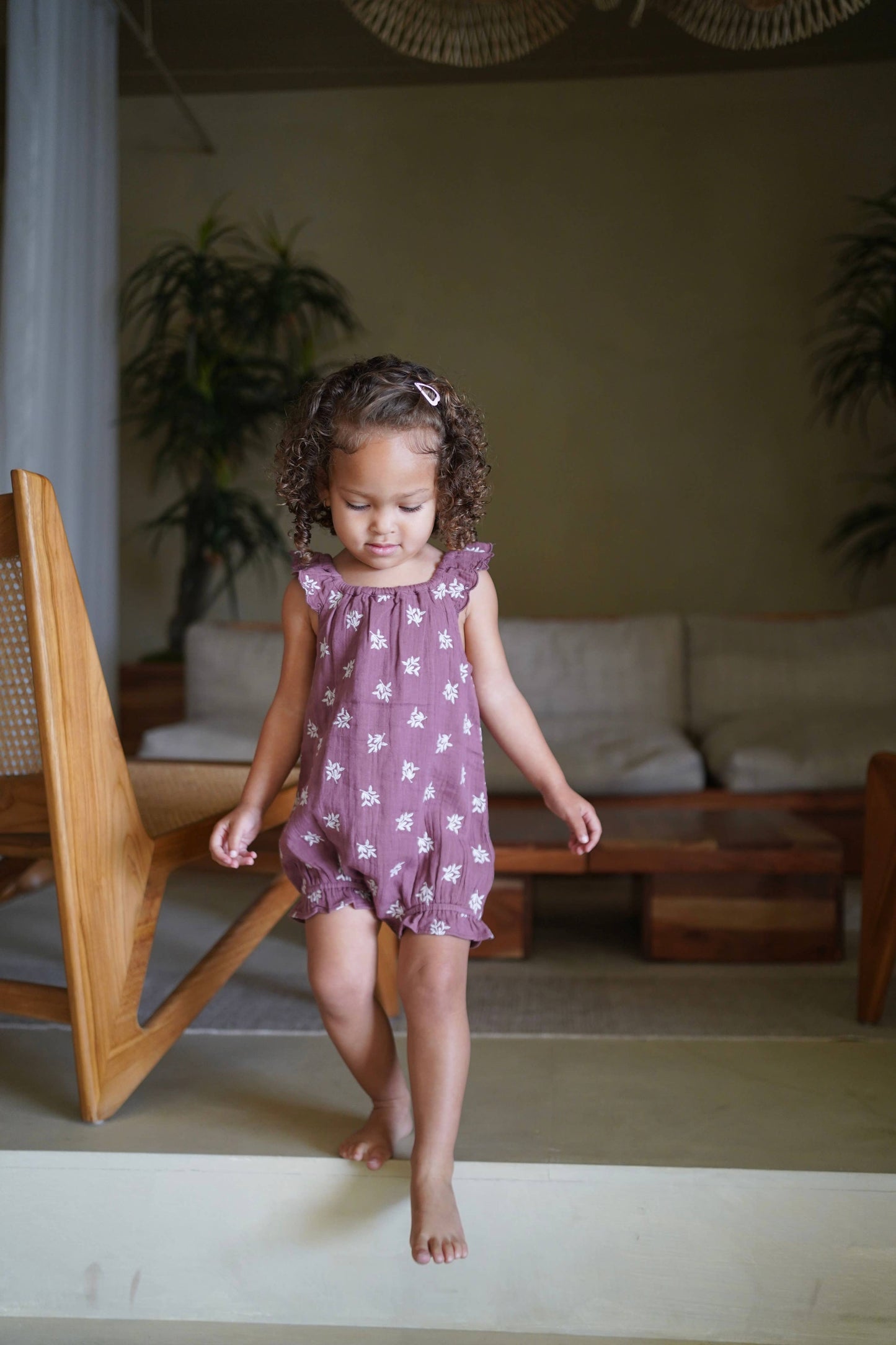 Caliope | Organic Muslin Embroidered Romper | Mulberry