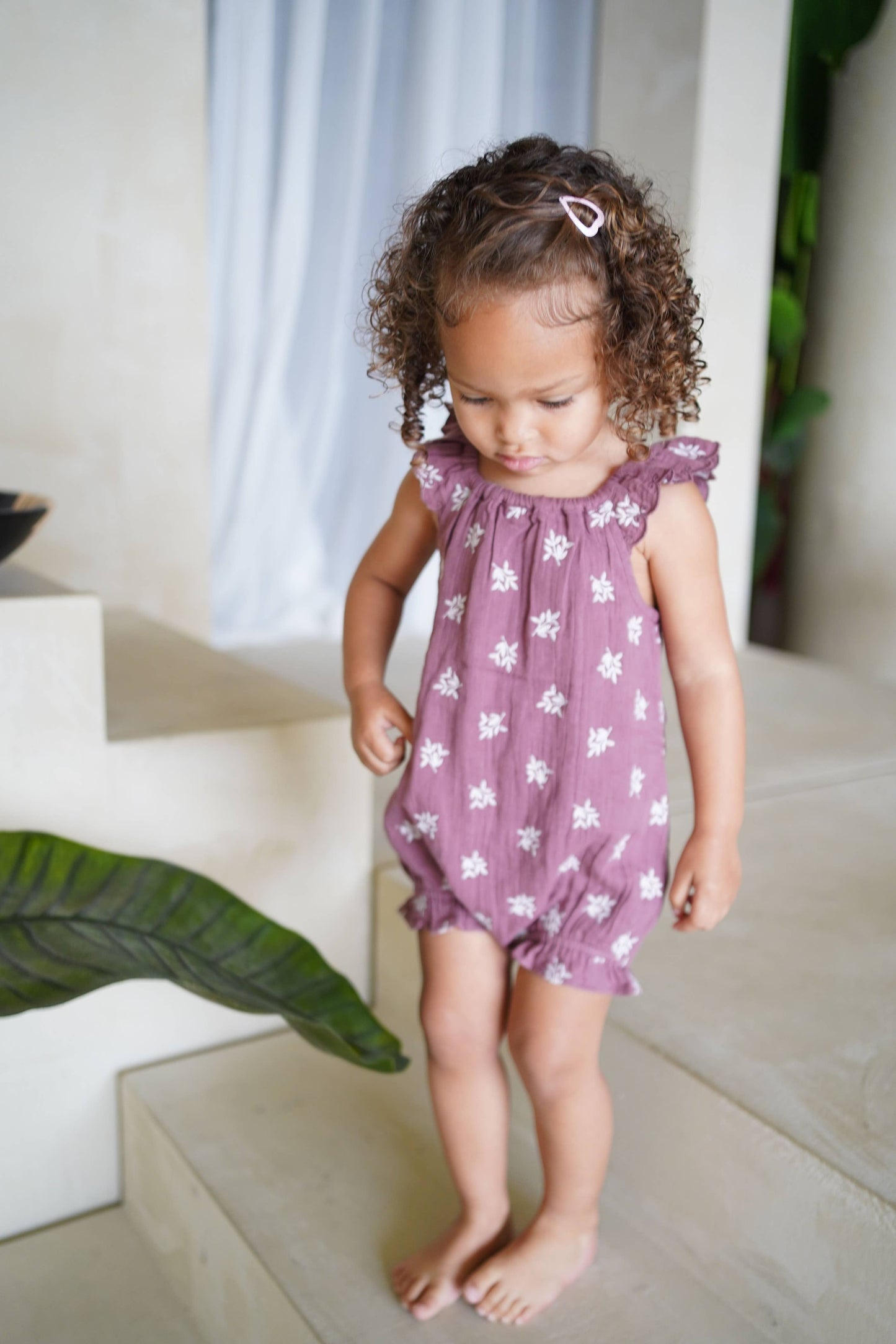 Caliope | Organic Muslin Embroidered Romper | Mulberry